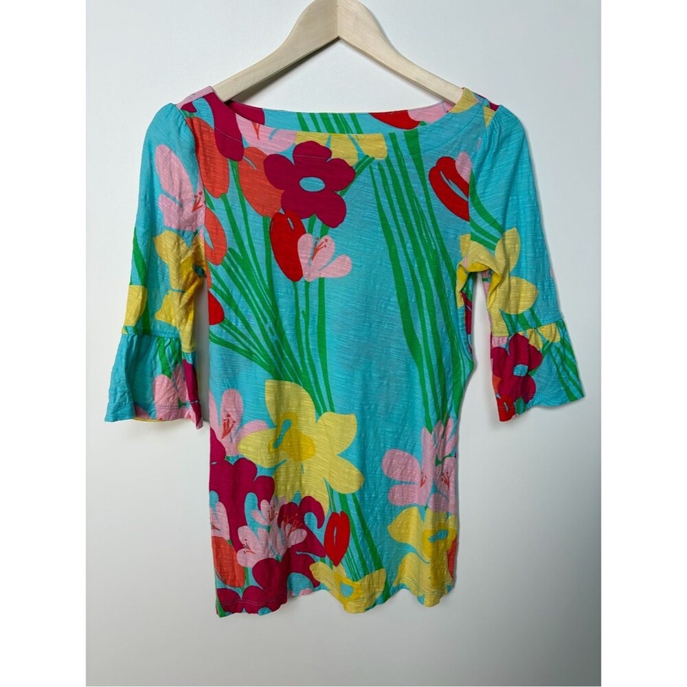 Lilly Pulitzer Size S Floral Belle Boatneck Top 3/4 Sleeve Pink Blue‎ Cotton